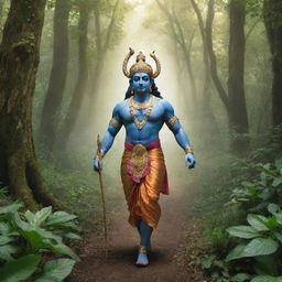 Hindu God Ram walking through a lush, tranquil forest, his divine aura illuminating the surrounding foliage