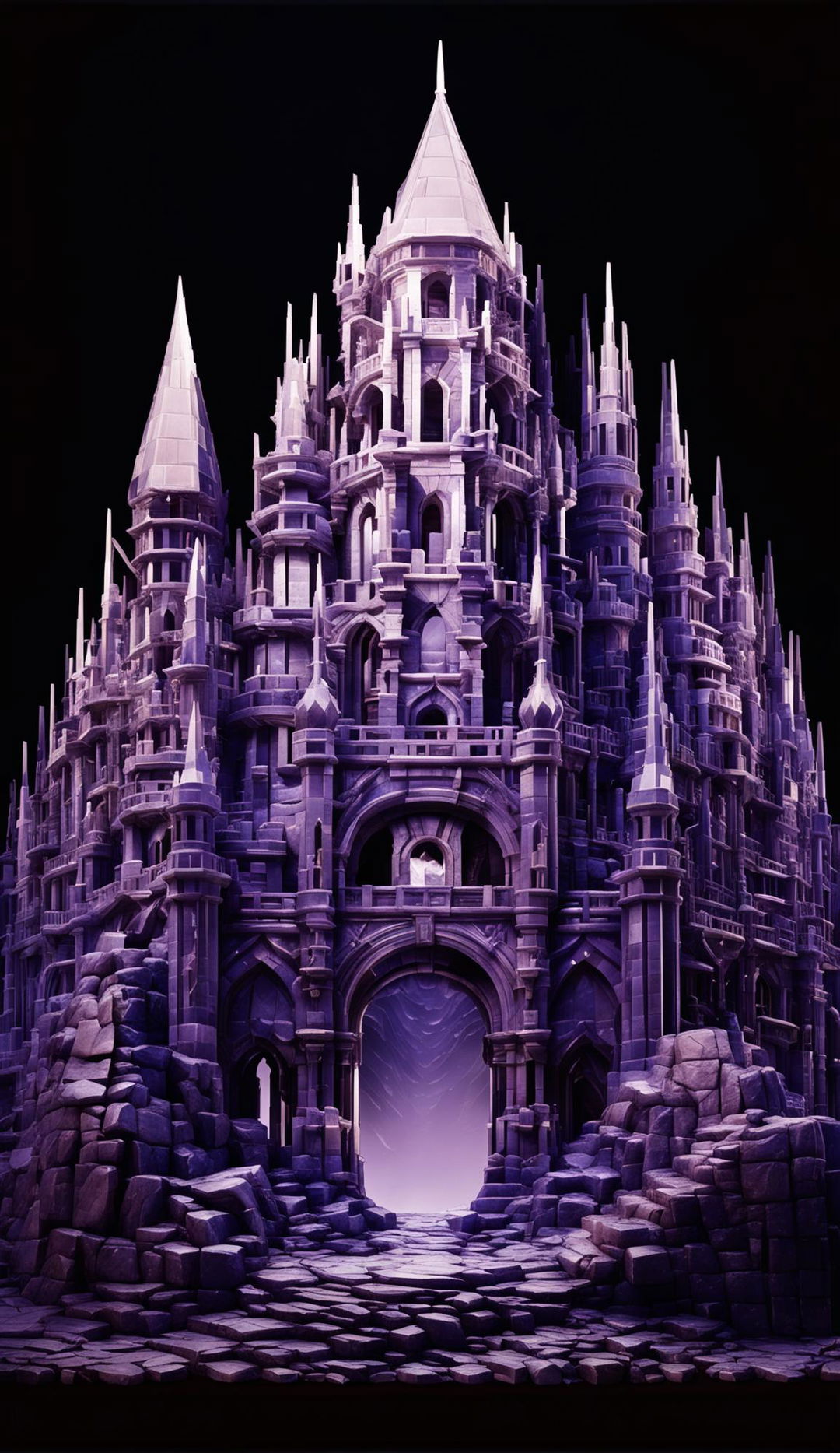 A realistic amethyst crystal castle stands majestically.