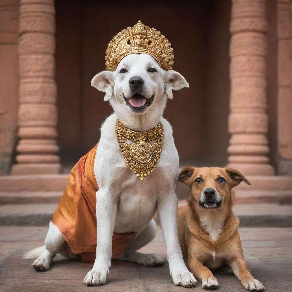 A young Hindu God Ram outside a majestic temple, expressing affection and love towards a loyal, loving dog