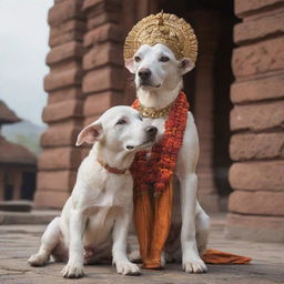 A young Hindu God Ram outside a majestic temple, expressing affection and love towards a loyal, loving dog