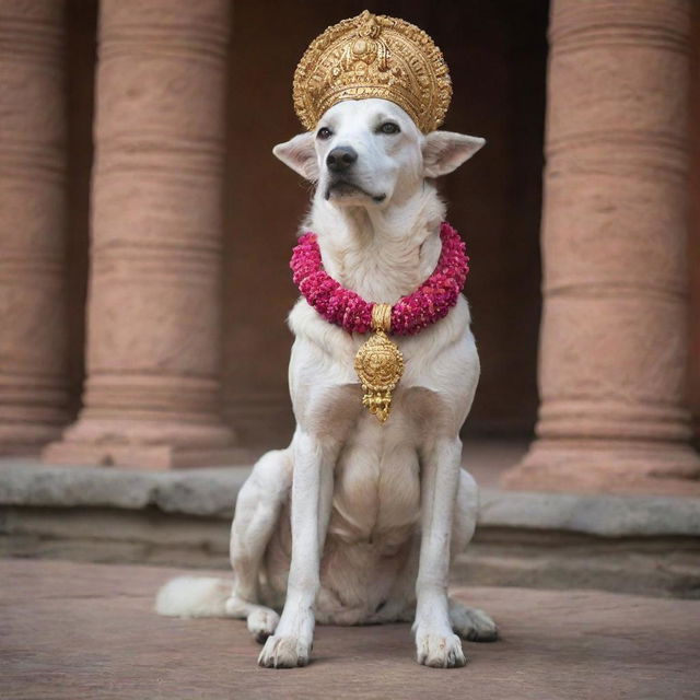 A young Hindu God Ram outside a majestic temple, expressing affection and love towards a loyal, loving dog