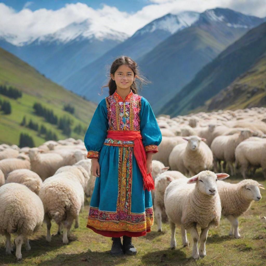 A girl dressed in vibrant traditional clothing, nestled among the soaring mountains, herding a flock of fluffy, serene sheep