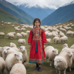 A girl dressed in vibrant traditional clothing, nestled among the soaring mountains, herding a flock of fluffy, serene sheep