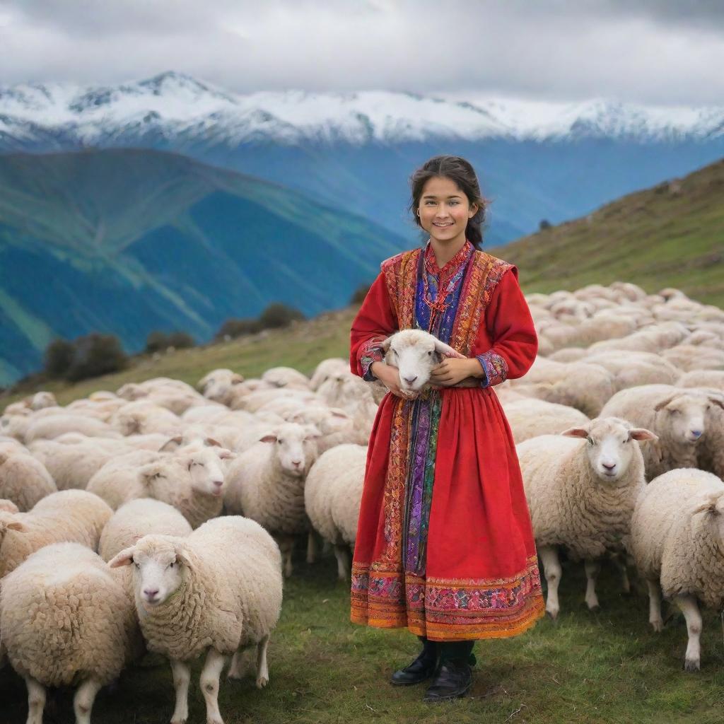 A girl dressed in vibrant traditional clothing, nestled among the soaring mountains, herding a flock of fluffy, serene sheep