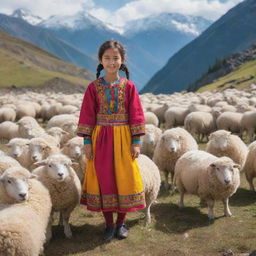 A girl dressed in vibrant traditional clothing, nestled among the soaring mountains, herding a flock of fluffy, serene sheep