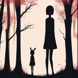 Generate an image of a black forest background with a tall, skinny, human-like figure