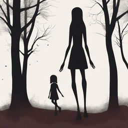 Generate an image of a black forest background with a tall, skinny, human-like figure