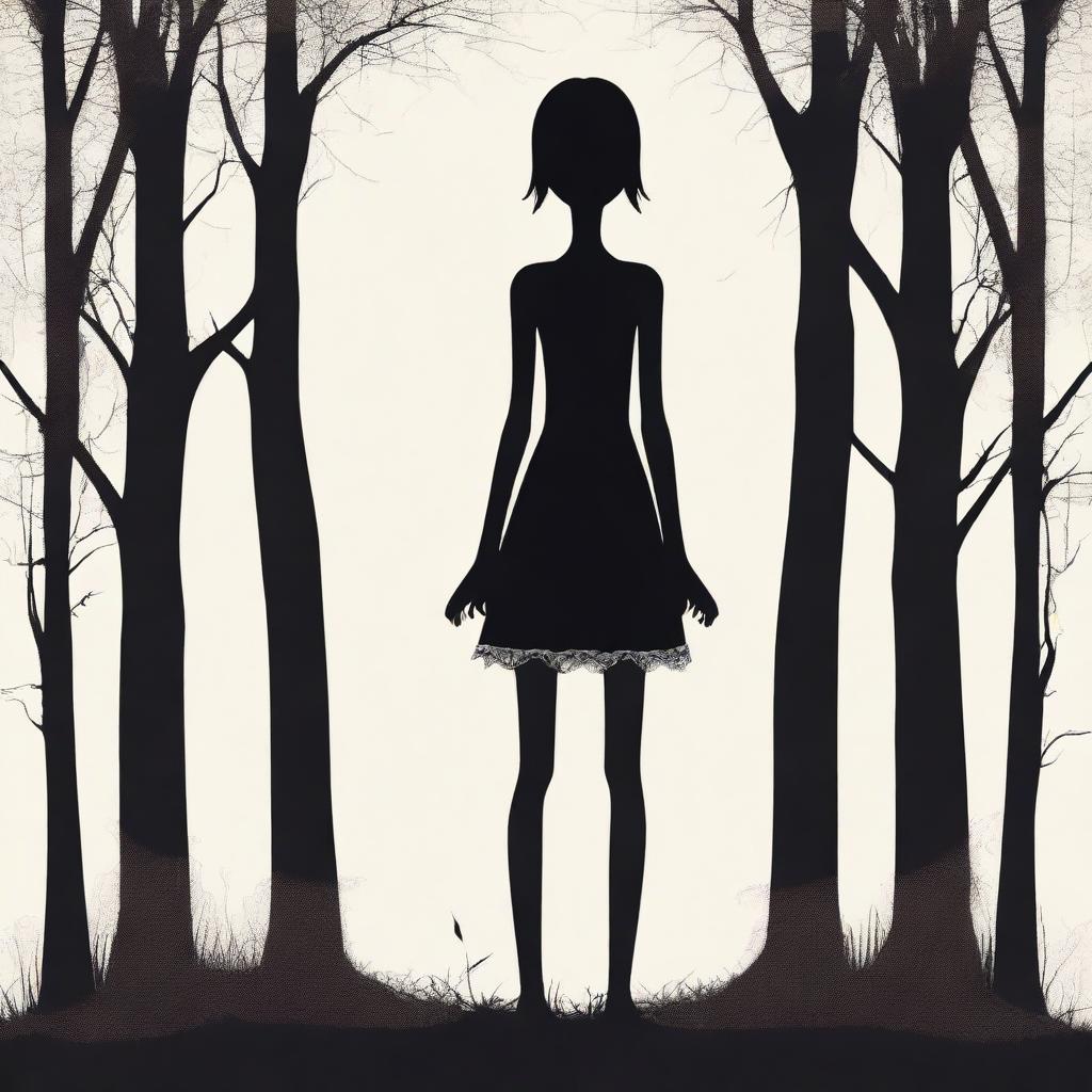 Generate an image of a black forest background with a tall, skinny, human-like figure