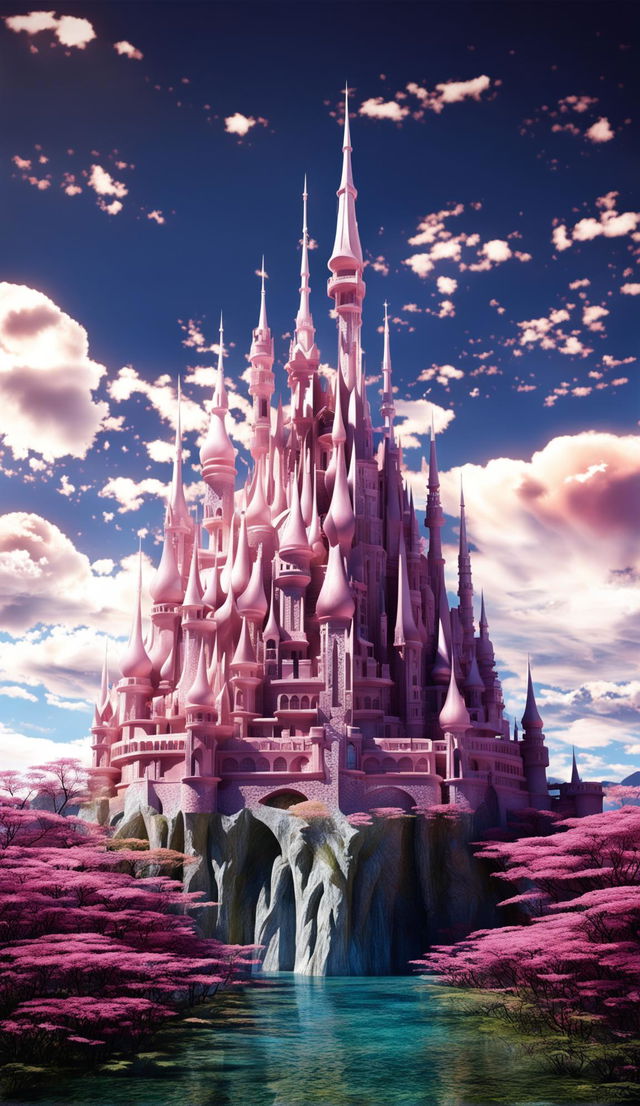 An 8K ultra-HD digital art image of a towering castle made entirely of rose quartz, set against a backdrop of lush green hills and a brilliant blue sky, illuminated by cinematic lighting.