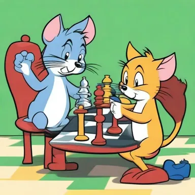 In the cartoon, Tom and Jerry are seen playing a fierce game of chess using a colorful chess set.