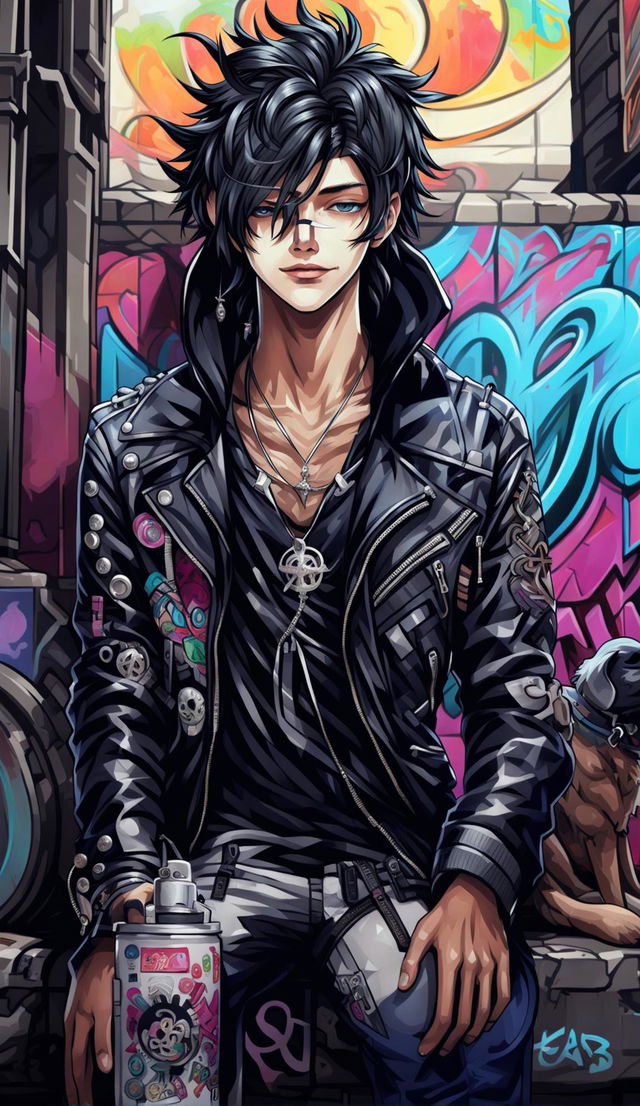 A rebellious young man in a leather jacket and ripped jeans, leaning against a graffiti-covered wall in the city, stroking a stray dog.