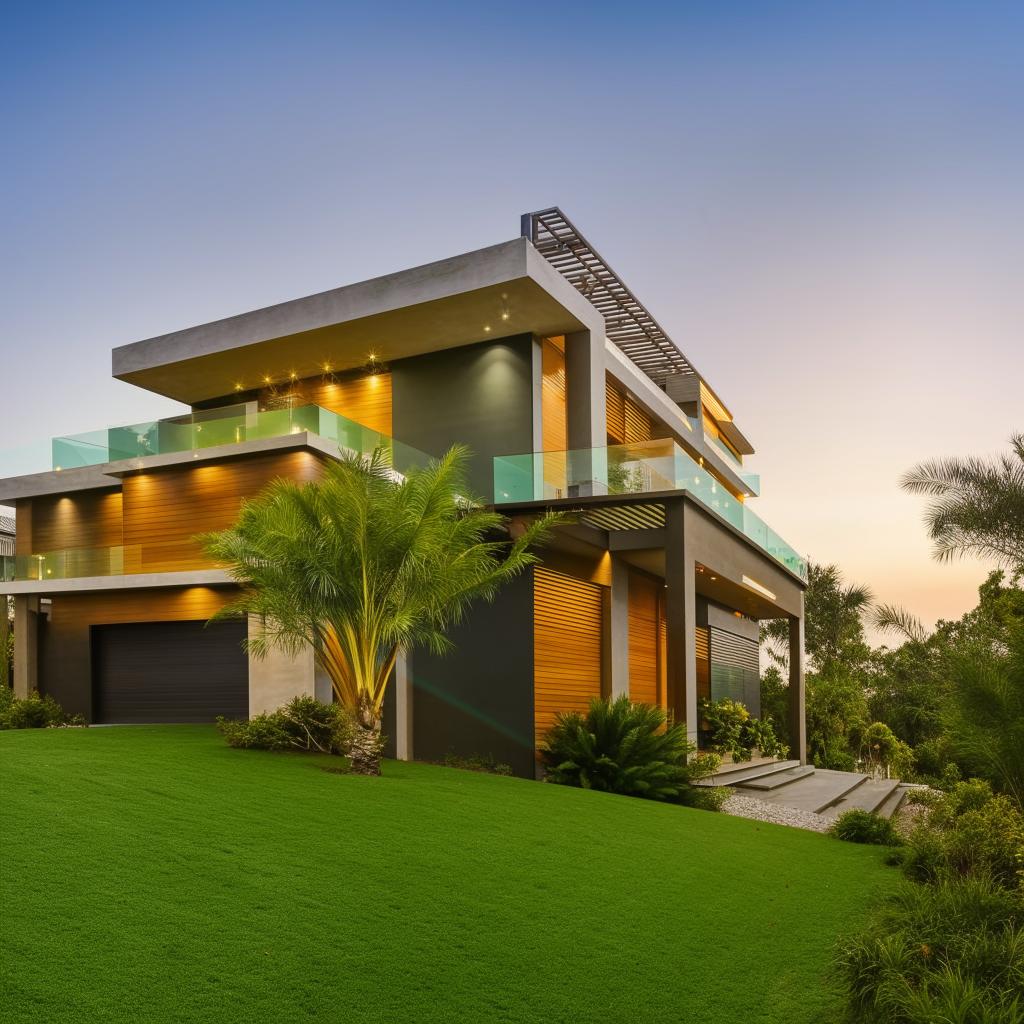 A spacious 3-level corner plot house with lush green lawns and a contemporary architectural design