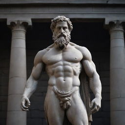 A stoic grey statue of a Greek god, muscular with long beard, posing powerfully. The backdrop is a darkened classical temple, with a radiance illuminating the god's face.