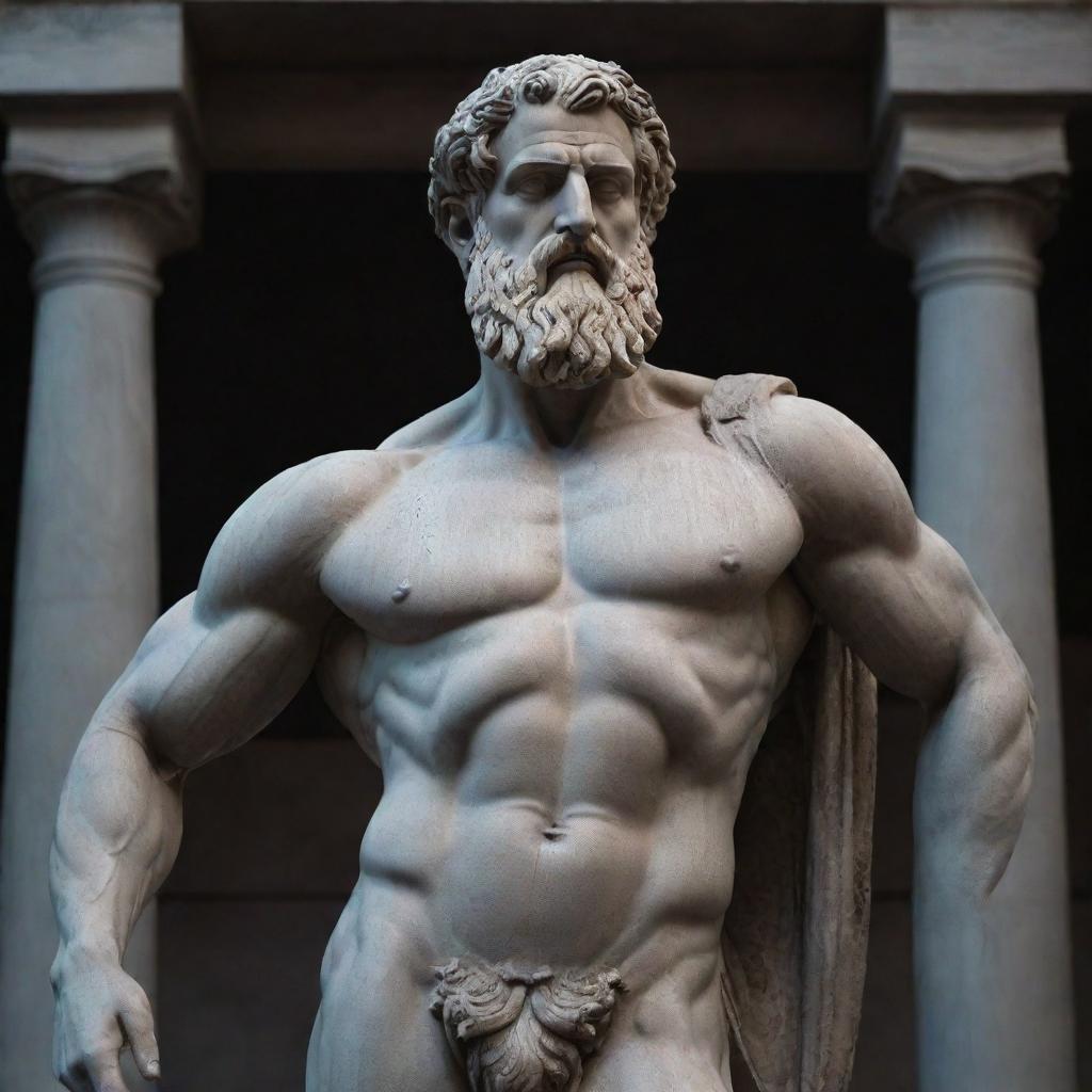 A stoic grey statue of a Greek god, muscular with long beard, posing powerfully. The backdrop is a darkened classical temple, with a radiance illuminating the god's face.