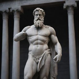 A stoic grey statue of a Greek god, muscular with long beard, posing powerfully. The backdrop is a darkened classical temple, with a radiance illuminating the god's face.