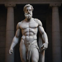 A stoic grey statue of a Greek god, muscular with long beard, posing powerfully. The backdrop is a darkened classical temple, with a radiance illuminating the god's face.