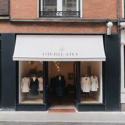 A stylish clothing brand's logo on the storefront of a chic boutique in a bustling urban area.