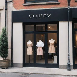 A stylish clothing brand's logo on the storefront of a chic boutique in a bustling urban area.