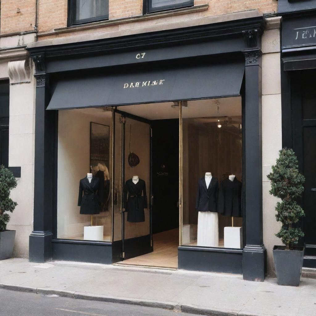 A stylish clothing brand's logo on the storefront of a chic boutique in a bustling urban area.