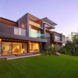 A spacious 3-level corner plot house with lush green lawns and a contemporary architectural design