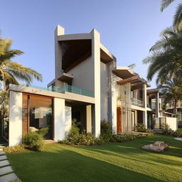 A spacious 3-level corner plot house with lush green lawns and a contemporary architectural design