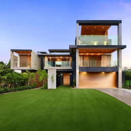 A spacious 3-level corner plot house with lush green lawns and a contemporary architectural design