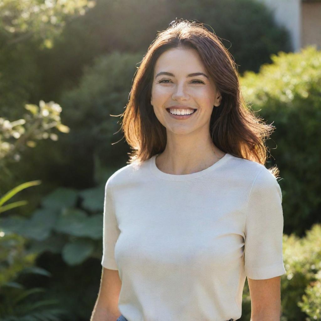 An elegant woman with a radiant smile, dressed in a modern casual outfit, standing in a sunlit garden.