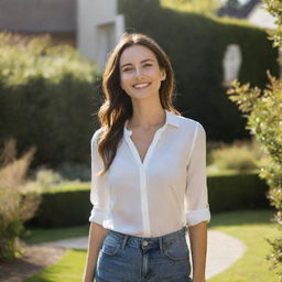 An elegant woman with a radiant smile, dressed in a modern casual outfit, standing in a sunlit garden.