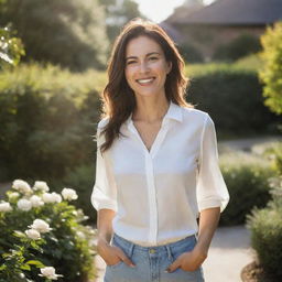 An elegant woman with a radiant smile, dressed in a modern casual outfit, standing in a sunlit garden.