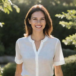 An elegant woman with a radiant smile, dressed in a modern casual outfit, standing in a sunlit garden.