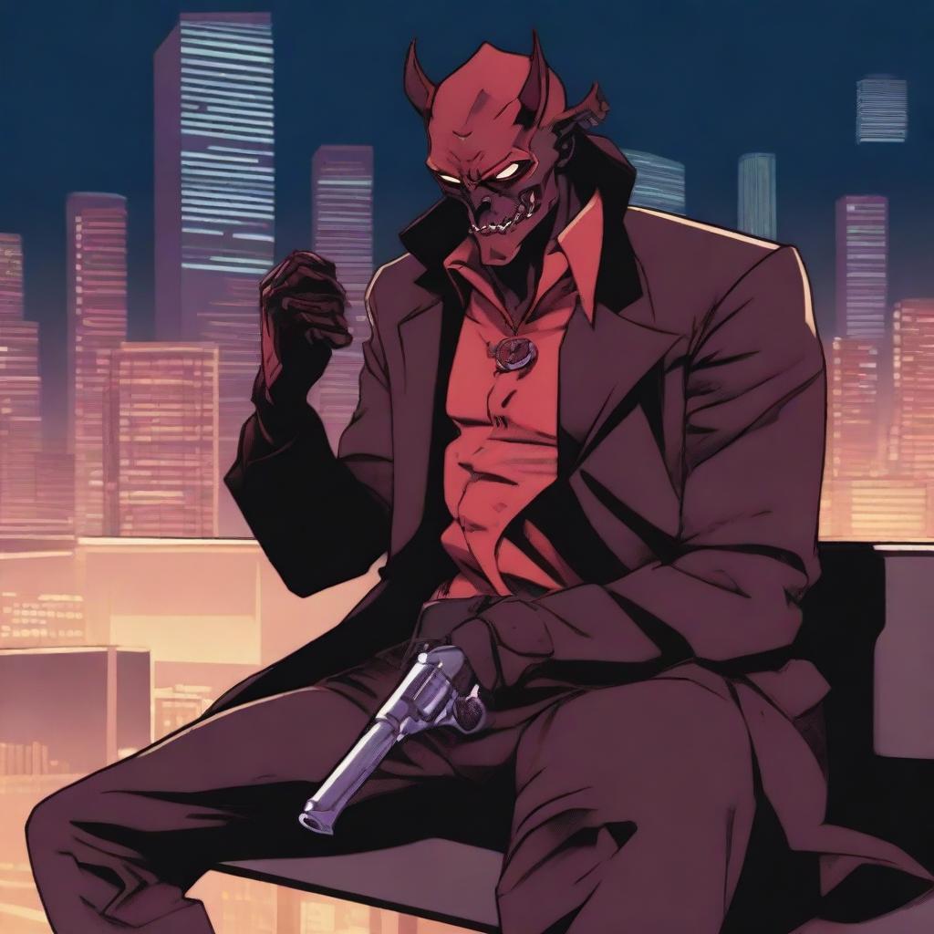 A demon detective with garnet-colored skin is sitting on a bench with a revolver in his hand