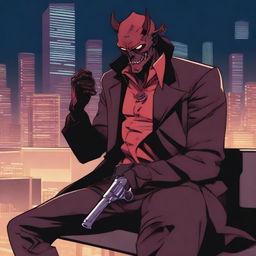 A demon detective with garnet-colored skin is sitting on a bench with a revolver in his hand