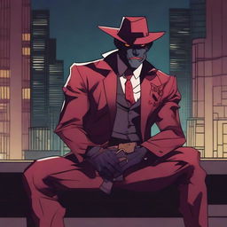 A demon detective with garnet-colored skin is sitting on a bench with a revolver in his hand