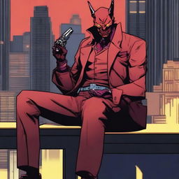 A demon detective with garnet-colored skin is sitting on a bench with a revolver in his hand