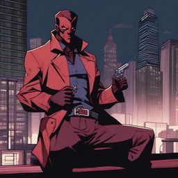 A demon detective with garnet-colored skin is sitting on a bench with a revolver in his hand