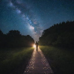 A man walking serenely on a pathway made of glowing stars in a night sky