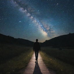 A man walking serenely on a pathway made of glowing stars in a night sky