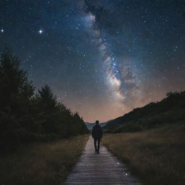 A man walking serenely on a pathway made of glowing stars in a night sky