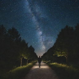 A man walking serenely on a pathway made of glowing stars in a night sky