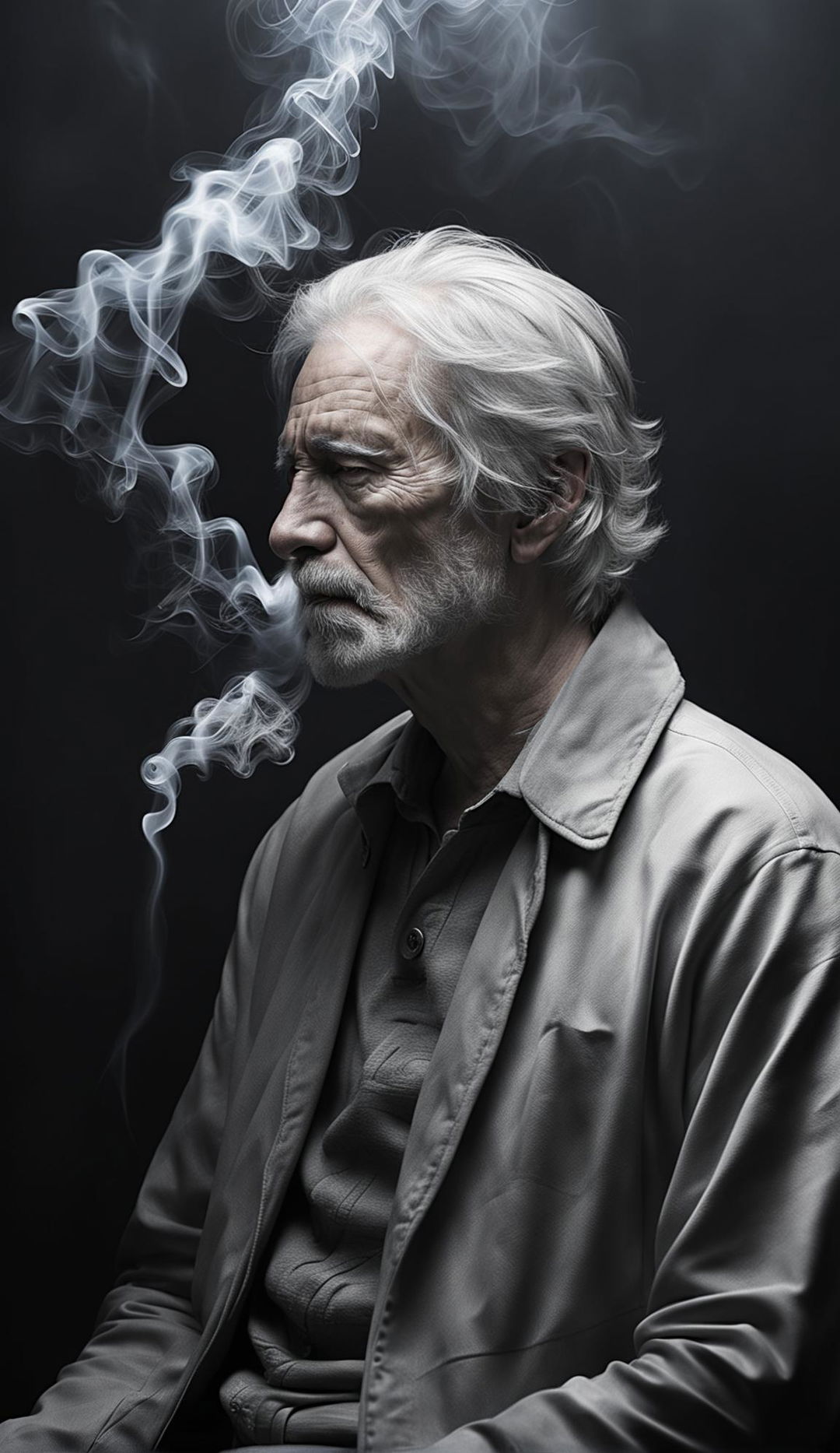 Ultra high-definition 8K image with cinematic lighting. A man with grey hair exhaling smoke against a backdrop of his dreams in varying shades of grey.