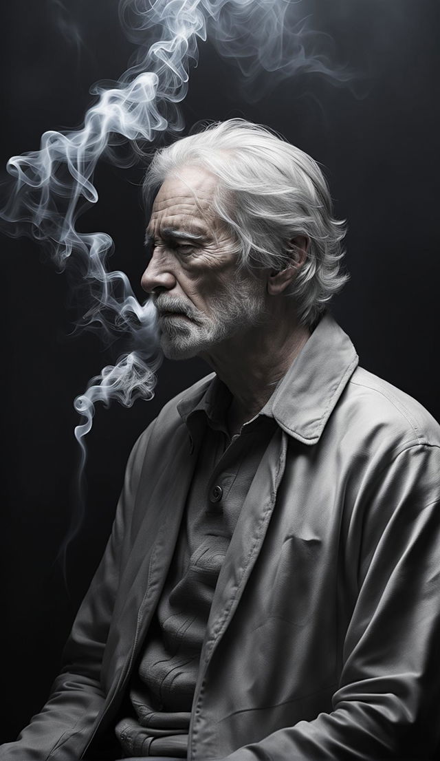 Ultra high-definition 8K image with cinematic lighting. A man with grey hair exhaling smoke against a backdrop of his dreams in varying shades of grey.