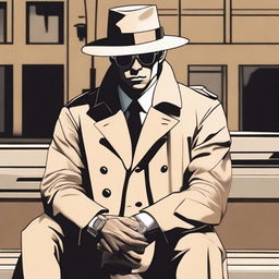 A demon detective wearing a beige trench coat, a beige hat, and sunglasses sitting on a bench