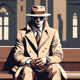 A demon detective wearing a beige trench coat, a beige hat, and sunglasses sitting on a bench