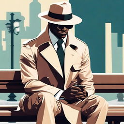 A demon detective wearing a beige trench coat, a beige hat, and sunglasses sitting on a bench