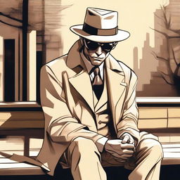 A demon detective wearing a beige trench coat, a beige hat, and sunglasses sitting on a bench