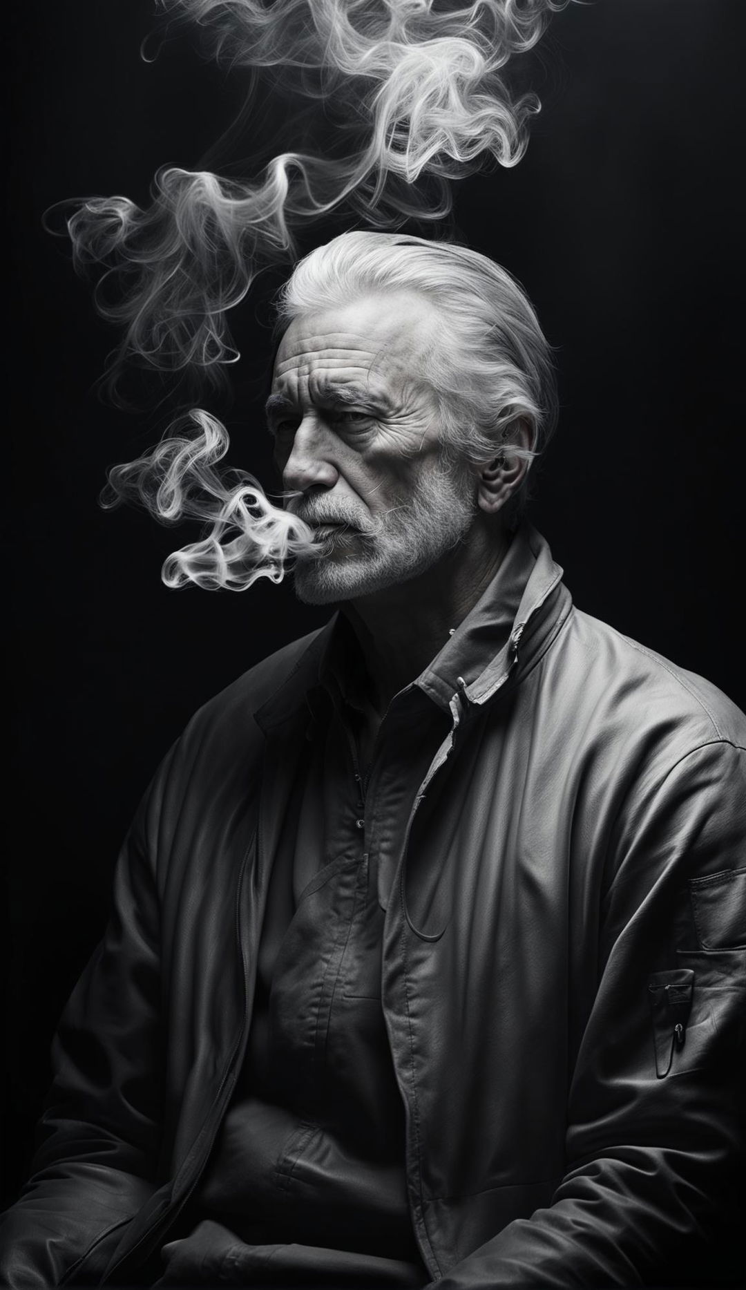 Ultra high-definition 8K image with cinematic lighting. A man with grey hair, smoke billowing from his parted lips, surrounded by his dreams in varying shades of grey.