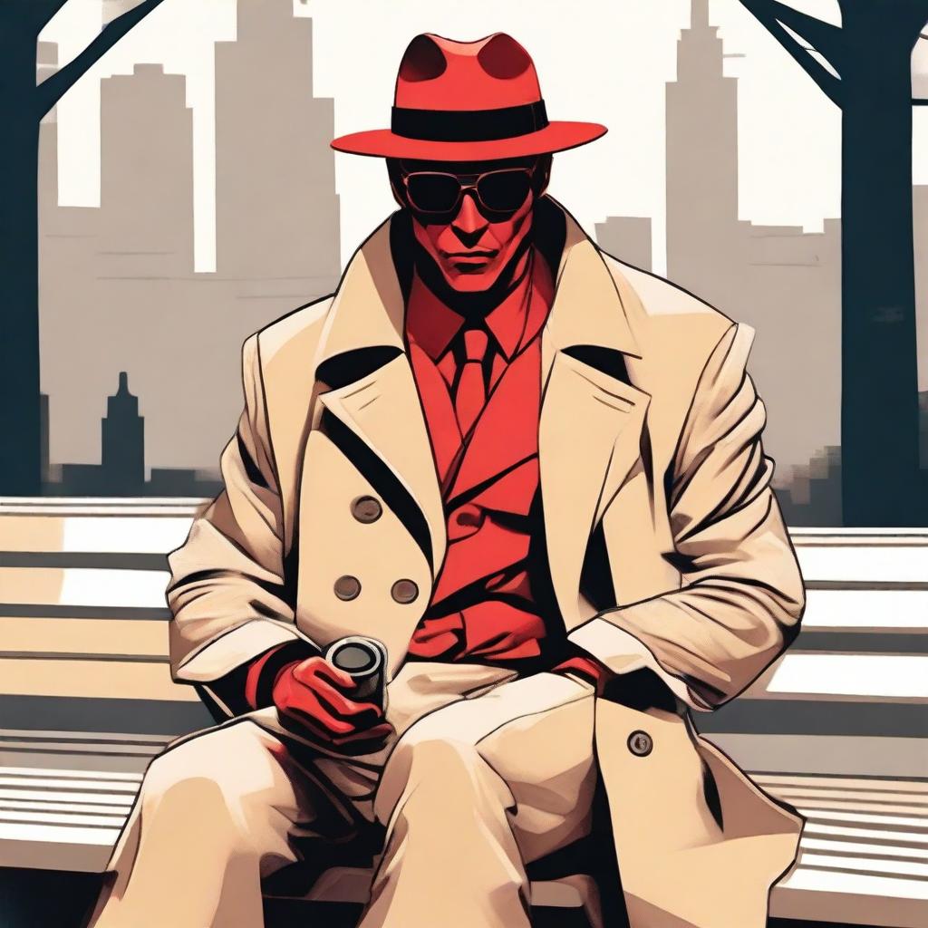 A red demon detective wearing a beige trench coat, a beige hat, and sunglasses sitting on a bench