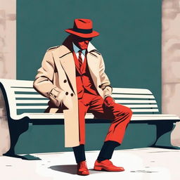 A red demon detective wearing a beige trench coat, a beige hat, and sunglasses sitting on a bench