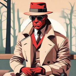 A red demon detective wearing a beige trench coat, a beige hat, and sunglasses sitting on a bench