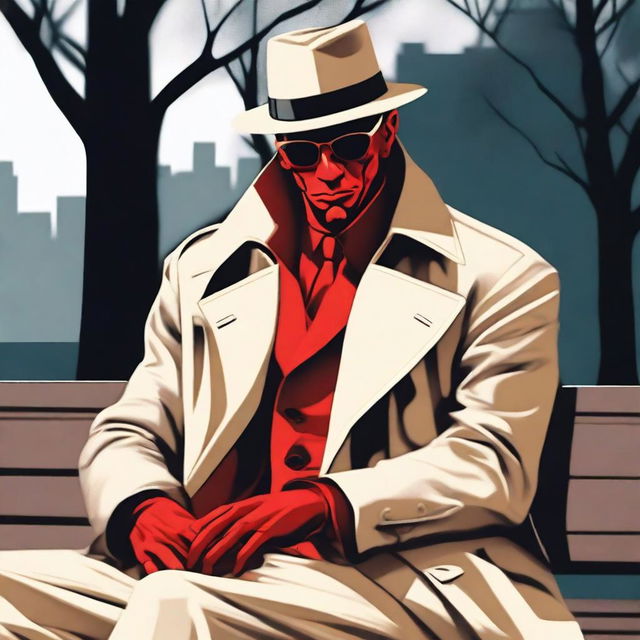 A red demon detective wearing a beige trench coat, a beige hat, and sunglasses sitting on a bench